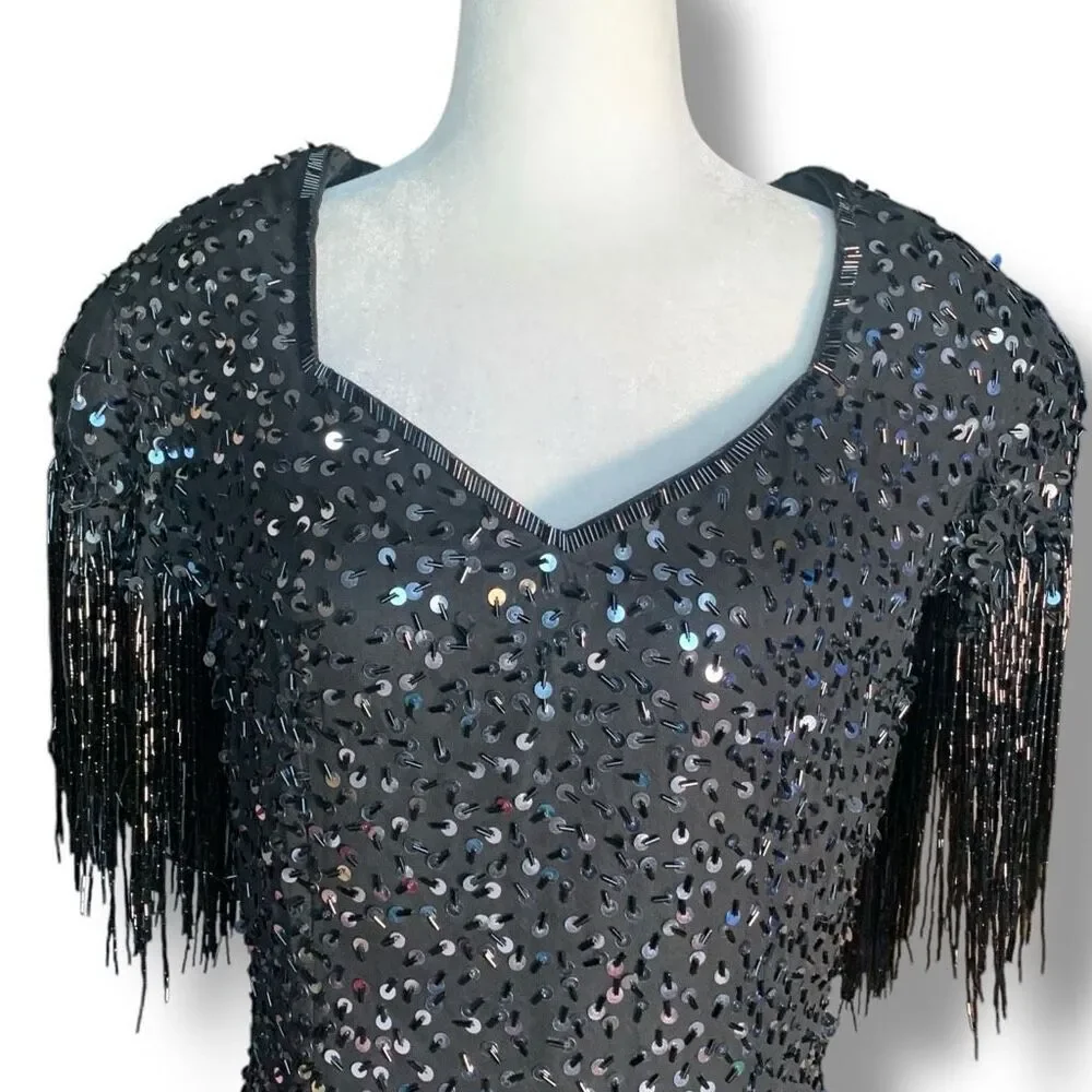 Vintage 80s Cocktail Dress Silk Black Metallic Sequin Fringe Hemmed Sleeve‎ 10